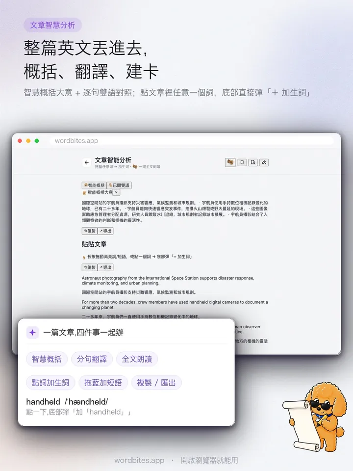 WordBites 整篇英文丟進去,概括、翻譯、建卡