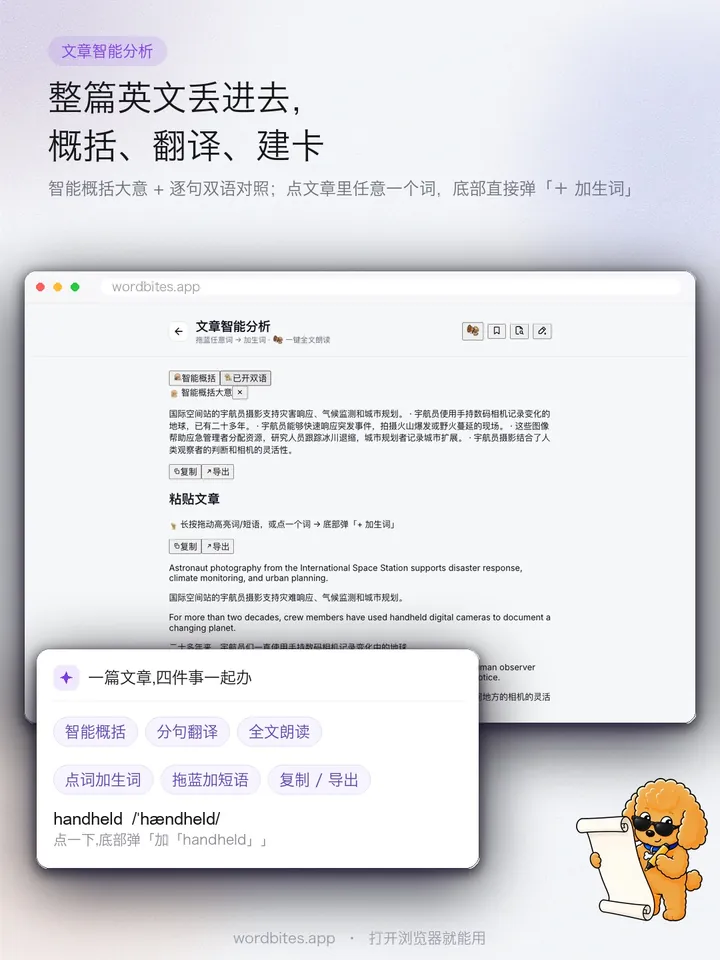 WordBites 整篇英文丢进去,概括、翻译、建卡