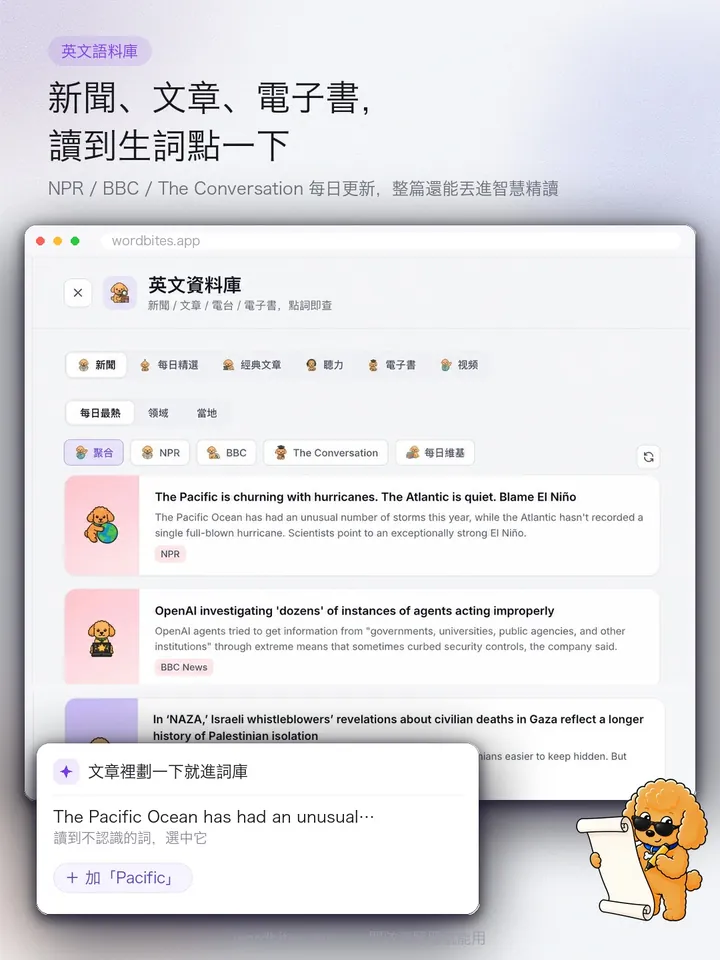 WordBites 新聞、文章、電子書,讀到生字點一下