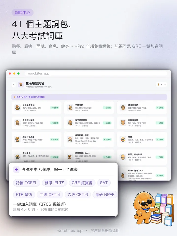 WordBites 41 個主題詞包,八大考試單字庫